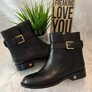 Tory Burch Brooke Black Ankle Boots with Gold Buckle